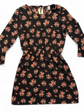 H&M Black and Pink Floral Gathered Waist Bell Sleeve Mini Dress Size 6